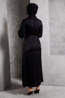 Tesettür giyim SİYAH KUŞAKLI SATEN ABİYE ELBİSE T 1516