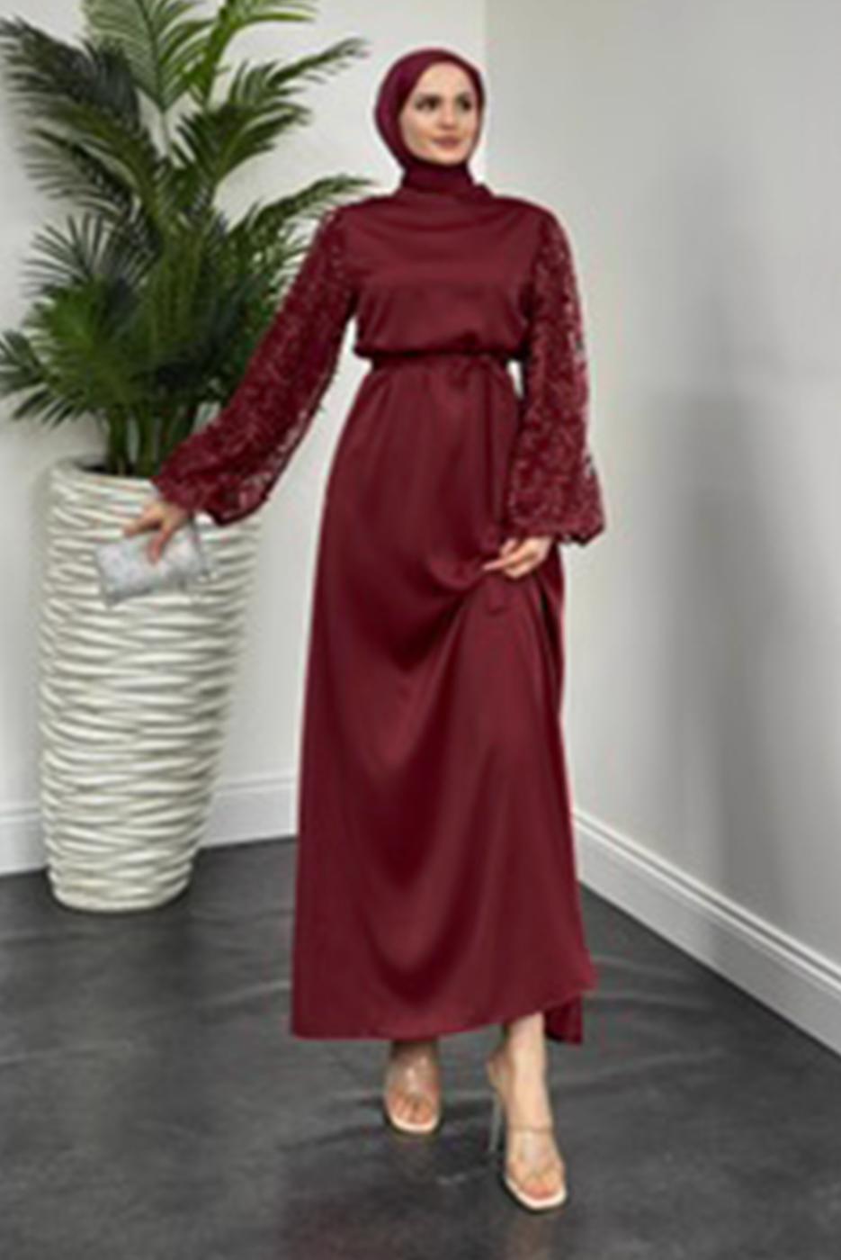 Tesettür giyim BORDO KUŞAKLI SATEN ABİYE ELBİSE T 1516