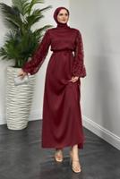 Tesettür giyim BORDO KUŞAKLI SATEN ABİYE ELBİSE T 1516