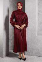 Tesettür giyim BORDO KUŞAKLI SATEN ABİYE ELBİSE T 1516
