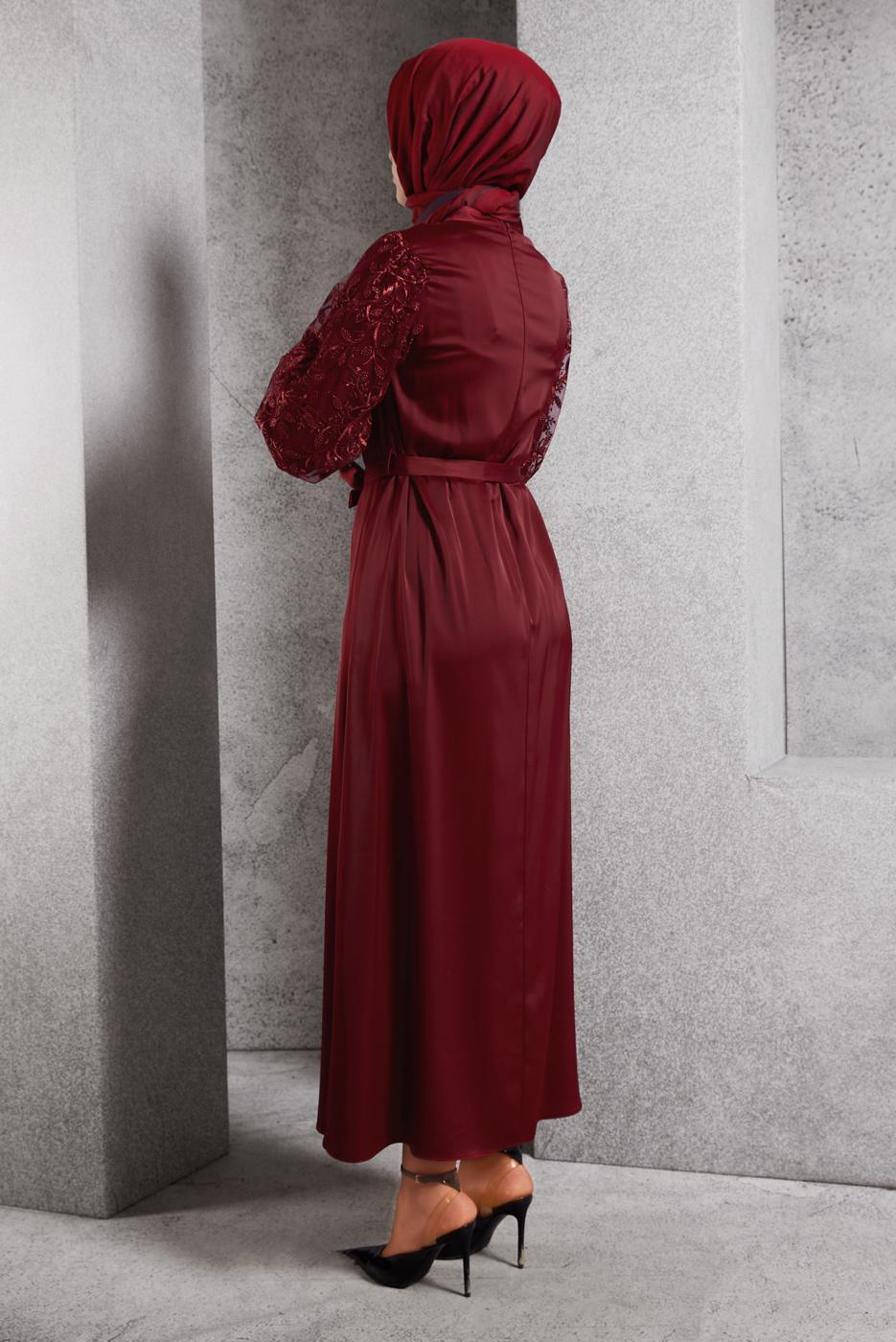 Tesettür giyim BORDO KUŞAKLI SATEN ABİYE ELBİSE T 1516