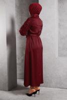 Tesettür giyim BORDO KUŞAKLI SATEN ABİYE ELBİSE T 1516