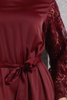 Tesettür giyim BORDO KUŞAKLI SATEN ABİYE ELBİSE T 1516