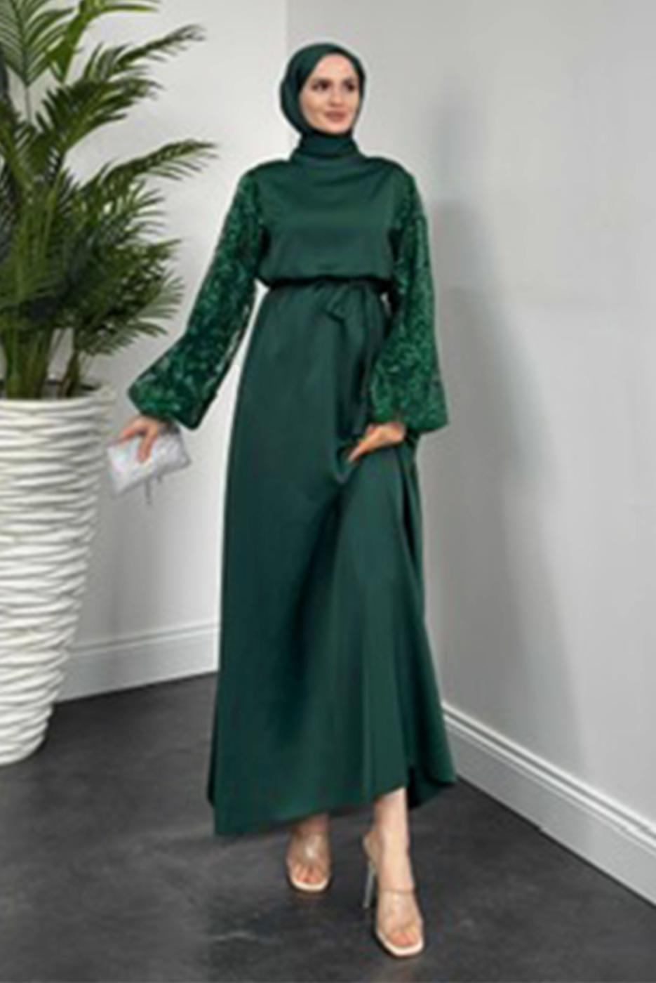 Tesettür giyim YEŞİL KUŞAKLI SATEN ABİYE ELBİSE T 1516