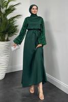 Tesettür giyim YEŞİL KUŞAKLI SATEN ABİYE ELBİSE T 1516