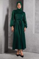 Tesettür giyim YEŞİL KUŞAKLI SATEN ABİYE ELBİSE T 1516