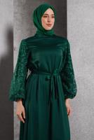 Tesettür giyim YEŞİL KUŞAKLI SATEN ABİYE ELBİSE T 1516