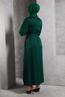 Tesettür giyim YEŞİL KUŞAKLI SATEN ABİYE ELBİSE T 1516