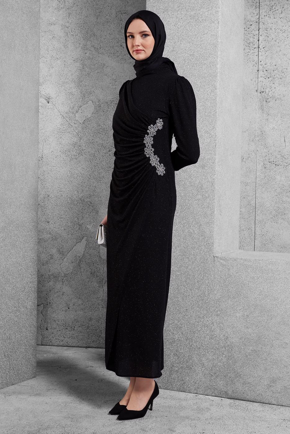 Tesettür giyim SİYAH TAŞ DETAYLI ABİYE ELBİSE T 2644
