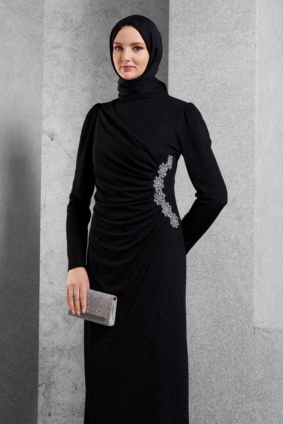 Tesettür giyim SİYAH TAŞ DETAYLI ABİYE ELBİSE T 2644