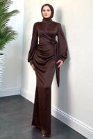 Tesettür giyim KAHVE SATEN ABİYE ELBİSE T 3316