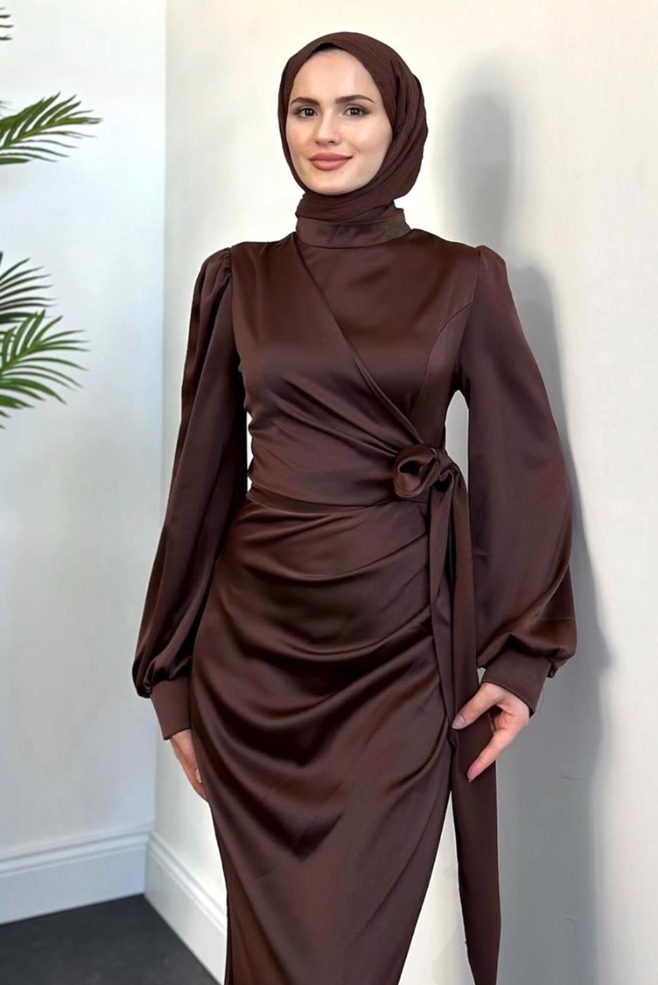 Tesettür giyim KAHVE SATEN ABİYE ELBİSE T 3316
