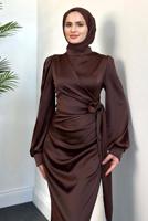 Tesettür giyim KAHVE SATEN ABİYE ELBİSE T 3316