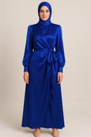 Tesettür giyim LACİVERT SATEN ABİYE ELBİSE T 3316