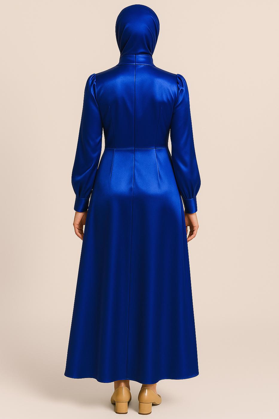 Tesettür giyim LACİVERT SATEN ABİYE ELBİSE T 3316