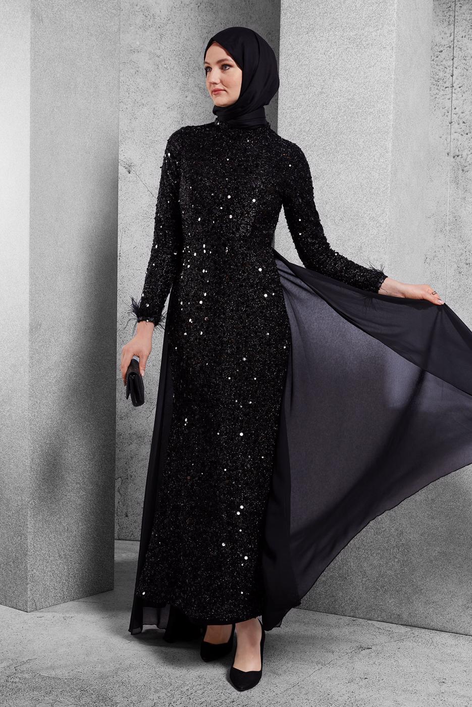Tesettür giyim SİYAH PUL PAYETLİ ABİYE ELBİSE T 5254