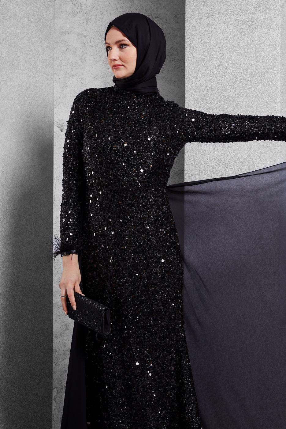 Tesettür giyim SİYAH PUL PAYETLİ ABİYE ELBİSE T 5254