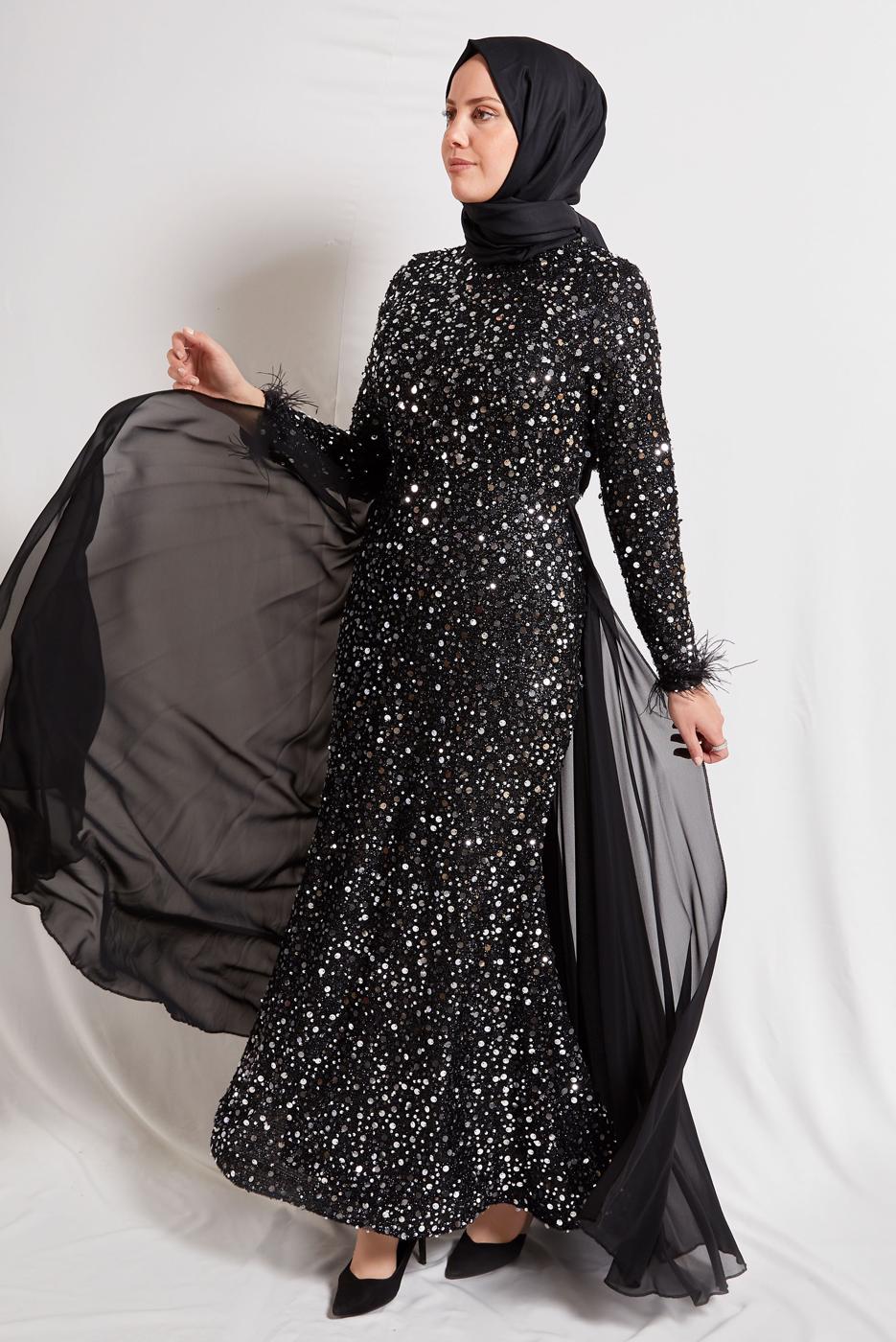 Tesettür giyim GÜMÜŞ PUL PAYETLİ ABİYE ELBİSE T 5254