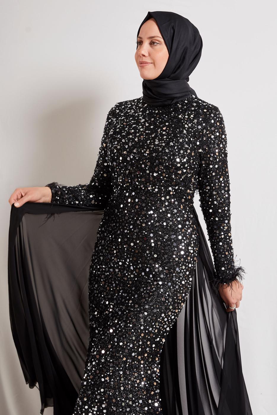 Tesettür giyim GÜMÜŞ PUL PAYETLİ ABİYE ELBİSE T 5254