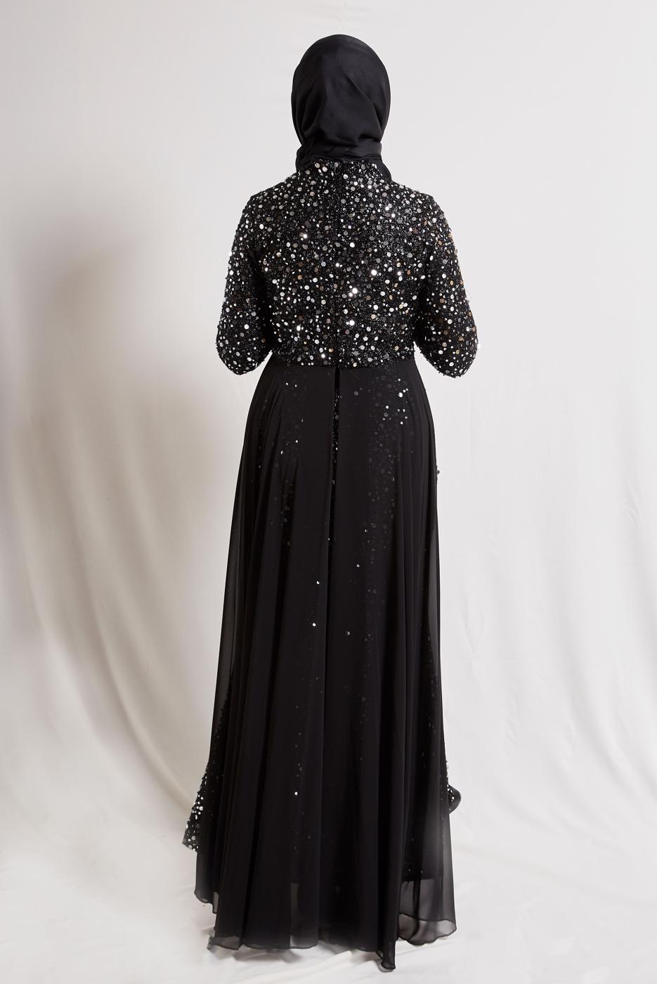 Tesettür giyim GÜMÜŞ PUL PAYETLİ ABİYE ELBİSE T 5254