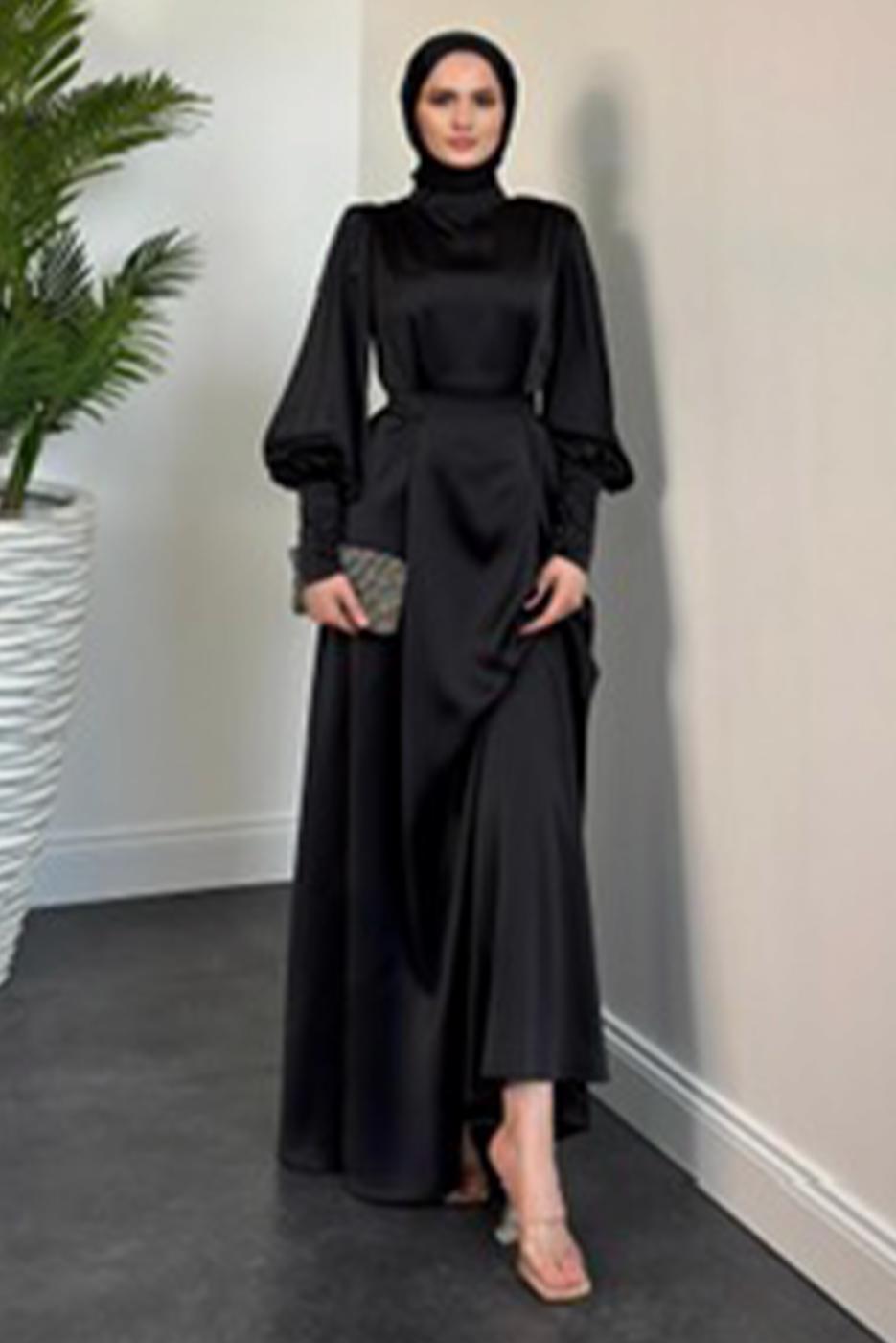 Tesettür giyim SİYAH KUŞAKLI SATEN ABİYE ELBİSE T 5616 