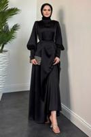 Tesettür giyim SİYAH KUŞAKLI SATEN ABİYE ELBİSE T 5616 