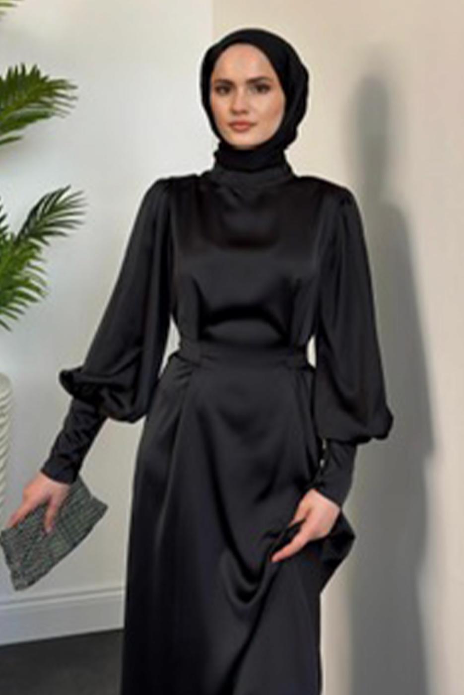 Tesettür giyim SİYAH KUŞAKLI SATEN ABİYE ELBİSE T 5616 