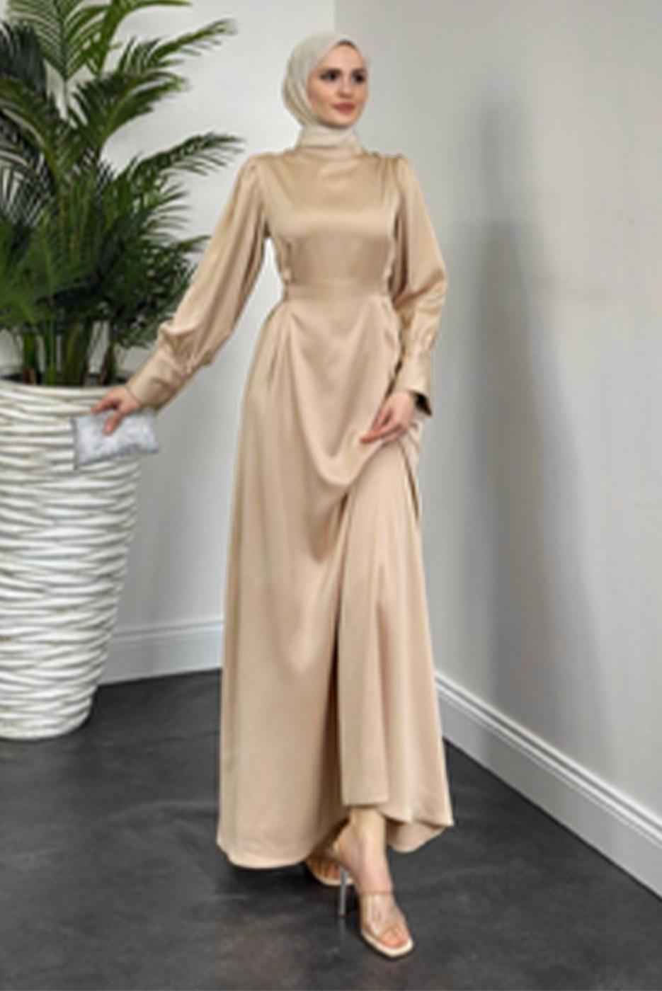 Tesettür giyim BEJ KUŞAKLI SATEN ABİYE ELBİSE T 5616 