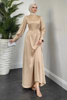 Tesettür giyim BEJ KUŞAKLI SATEN ABİYE ELBİSE T 5616 