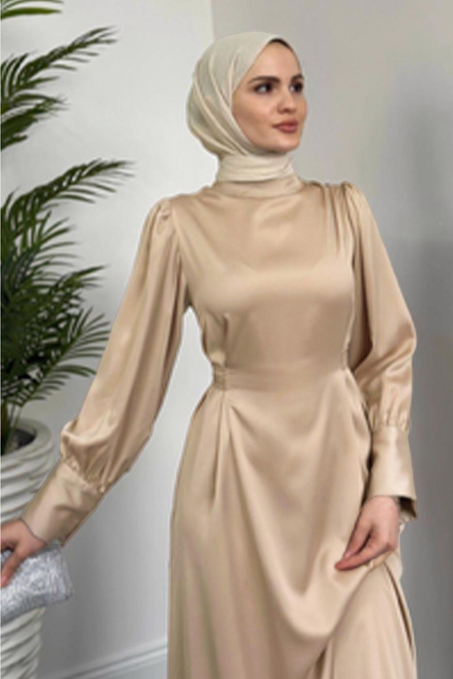 Tesettür giyim BEJ KUŞAKLI SATEN ABİYE ELBİSE T 5616 