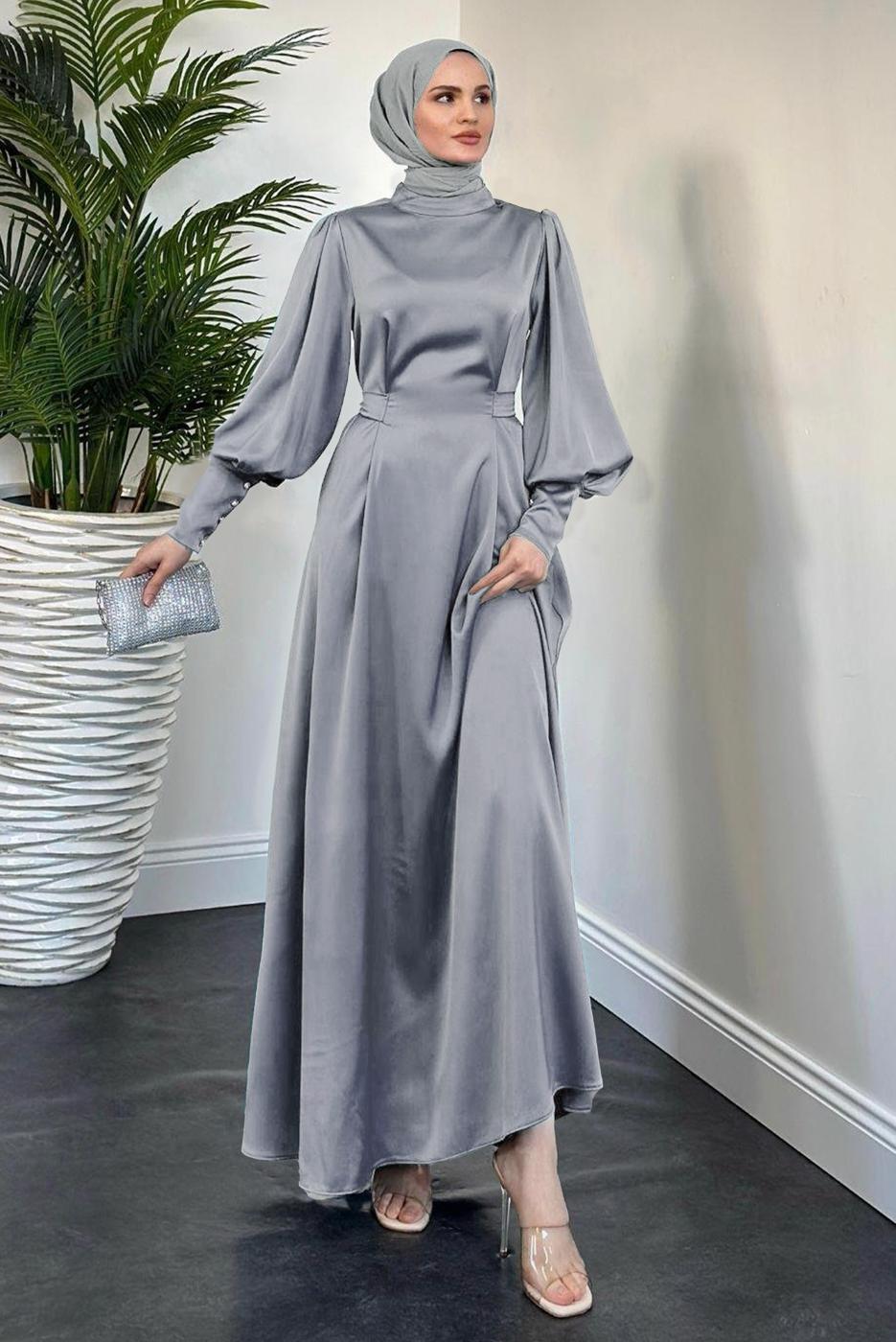 Tesettür giyim GRİ KUŞAKLI SATEN ABİYE ELBİSE T 5616 