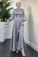 Tesettür giyim GRİ KUŞAKLI SATEN ABİYE ELBİSE T 5616 