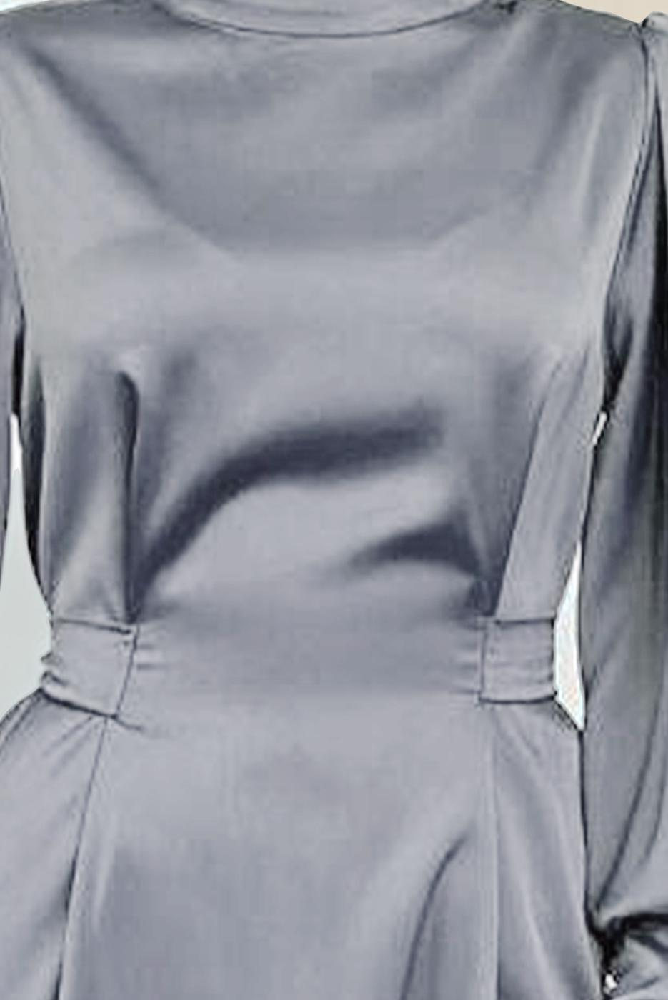 Tesettür giyim GRİ KUŞAKLI SATEN ABİYE ELBİSE T 5616 