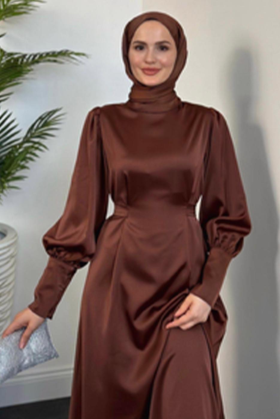 Tesettür giyim KAHVE KUŞAKLI SATEN ABİYE ELBİSE T 5616 