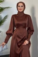 Tesettür giyim KAHVE KUŞAKLI SATEN ABİYE ELBİSE T 5616 