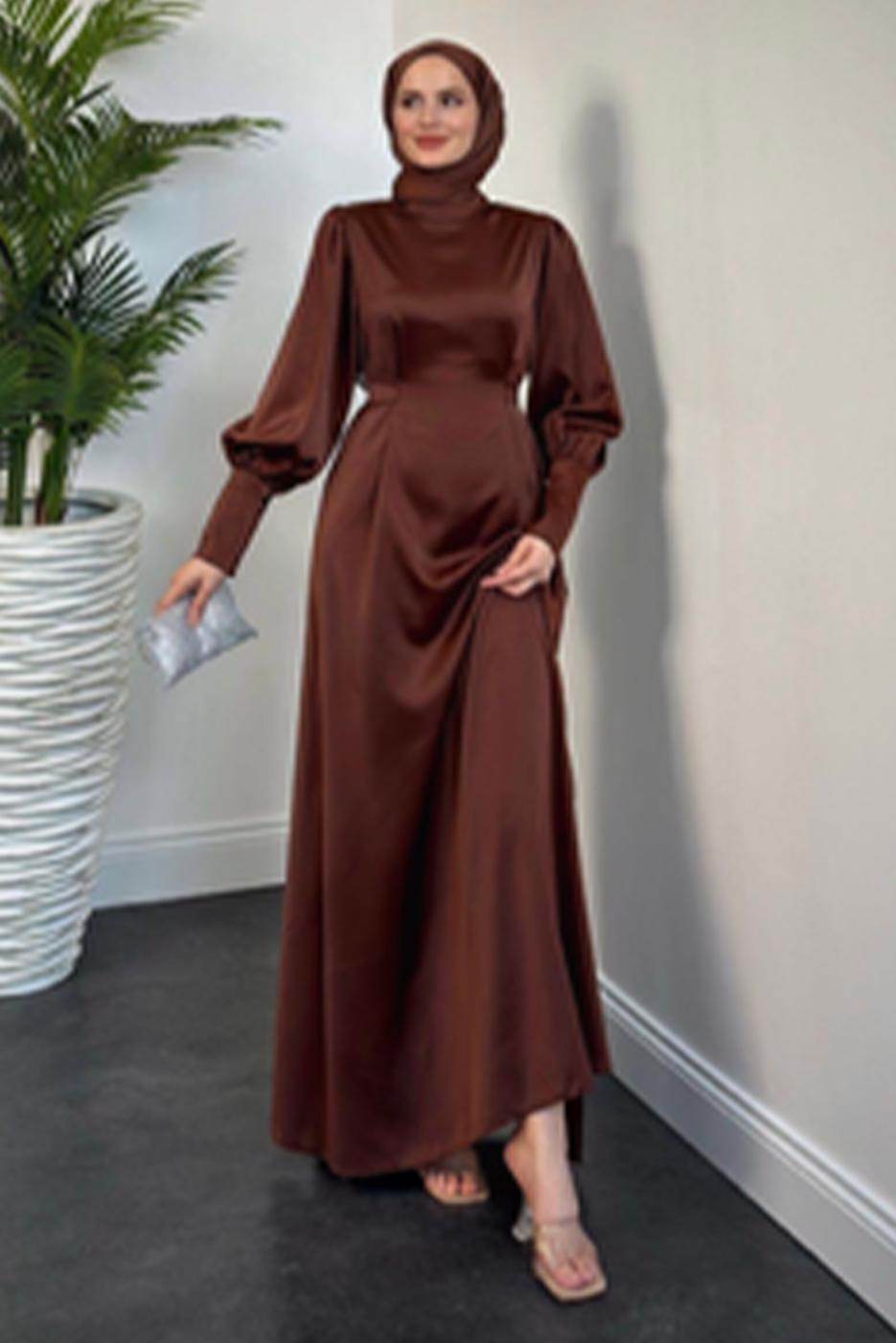 Tesettür giyim KAHVE KUŞAKLI SATEN ABİYE ELBİSE T 5616 