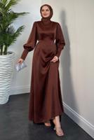 Tesettür giyim KAHVE KUŞAKLI SATEN ABİYE ELBİSE T 5616 