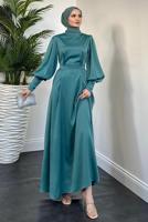 Tesettür giyim YEŞİL KUŞAKLI SATEN ABİYE ELBİSE T 5616 