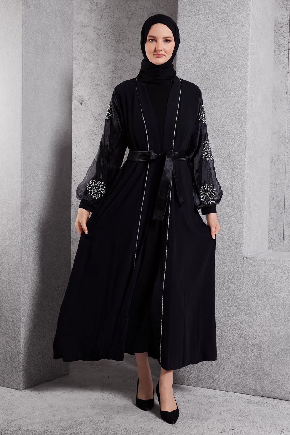 Tesettür giyim SİYAH TAŞ DETAYLI KUŞAKLI ABAYA T 5724