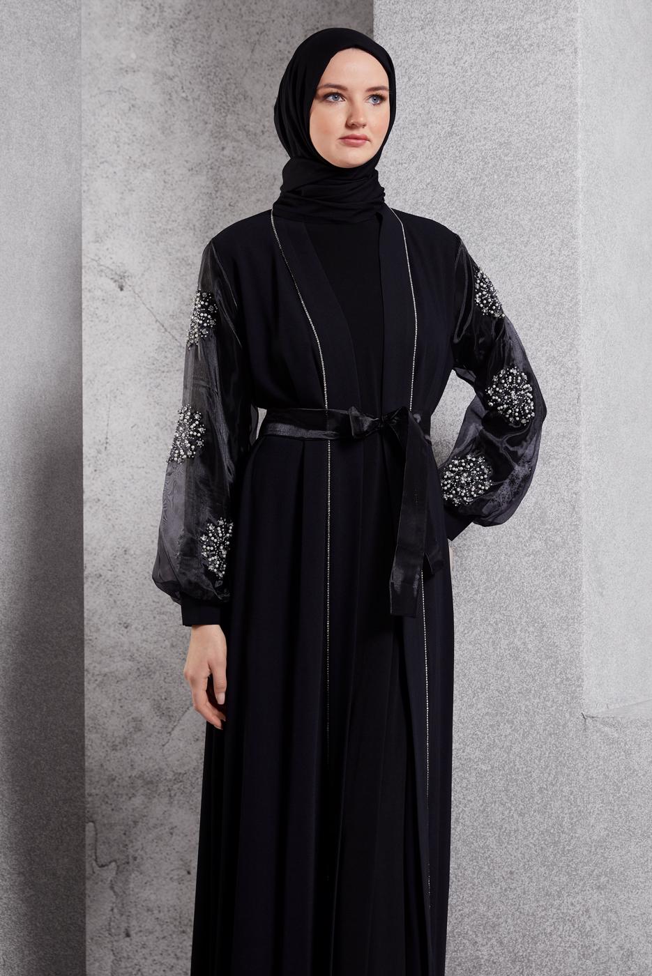 Tesettür giyim SİYAH TAŞ DETAYLI KUŞAKLI ABAYA T 5724