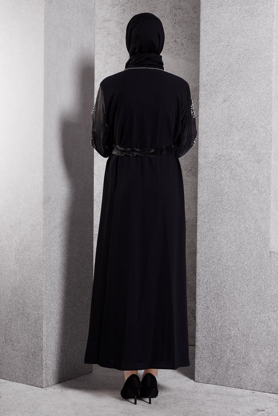 Tesettür giyim SİYAH TAŞ DETAYLI KUŞAKLI ABAYA T 5724
