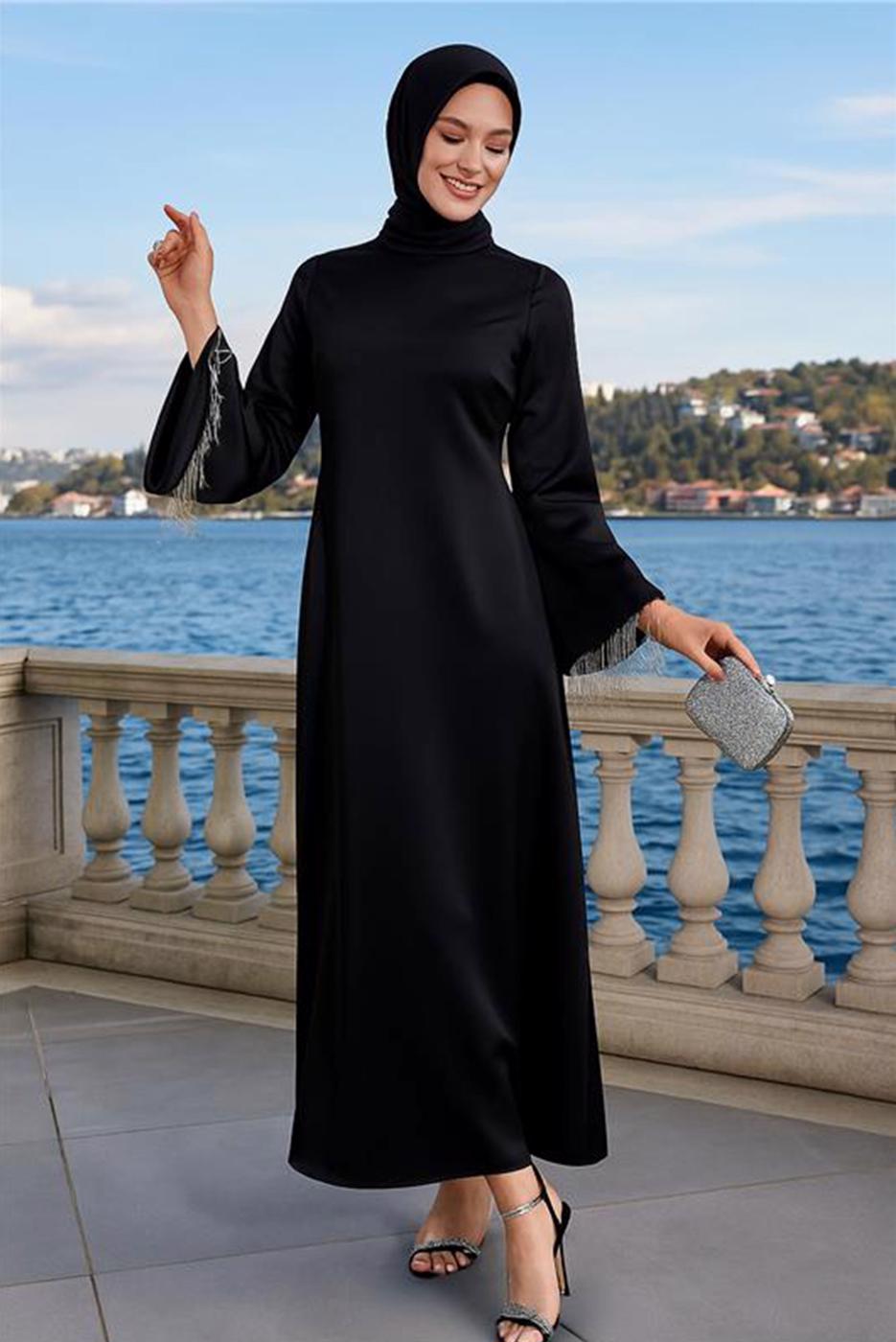 Tesettür giyim SİYAH SATEN ABİYE ELBİSE T 5744