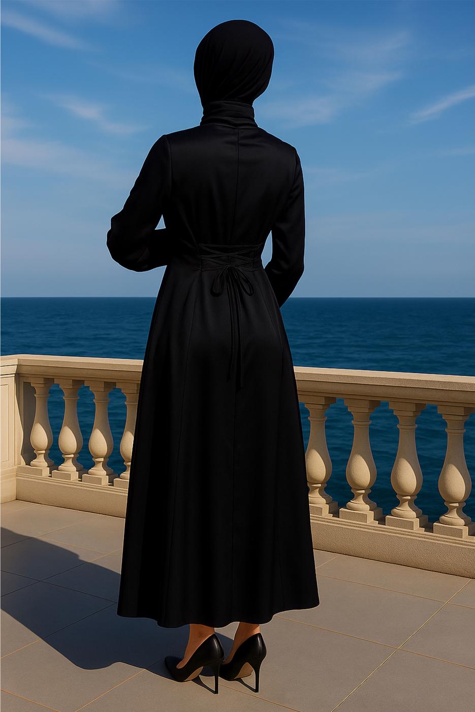 Tesettür giyim SİYAH SATEN ABİYE ELBİSE T 5744