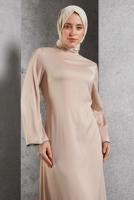 Tesettür giyim BEJ SATEN ABİYE ELBİSE T 5744
