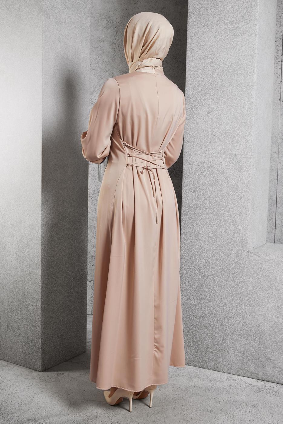 Tesettür giyim BEJ SATEN ABİYE ELBİSE T 5744