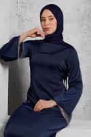 Tesettür giyim LACİVERT SATEN ABİYE ELBİSE T 5744