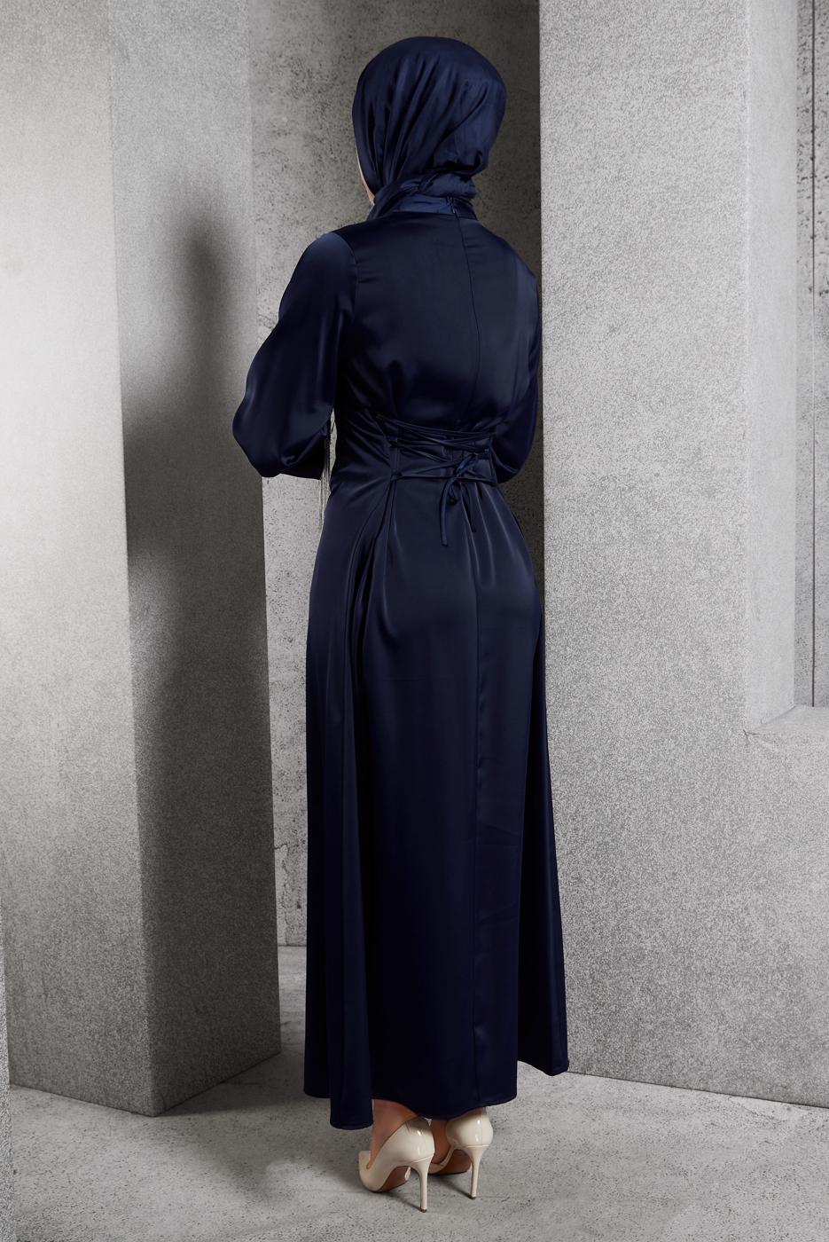 Tesettür giyim LACİVERT SATEN ABİYE ELBİSE T 5744