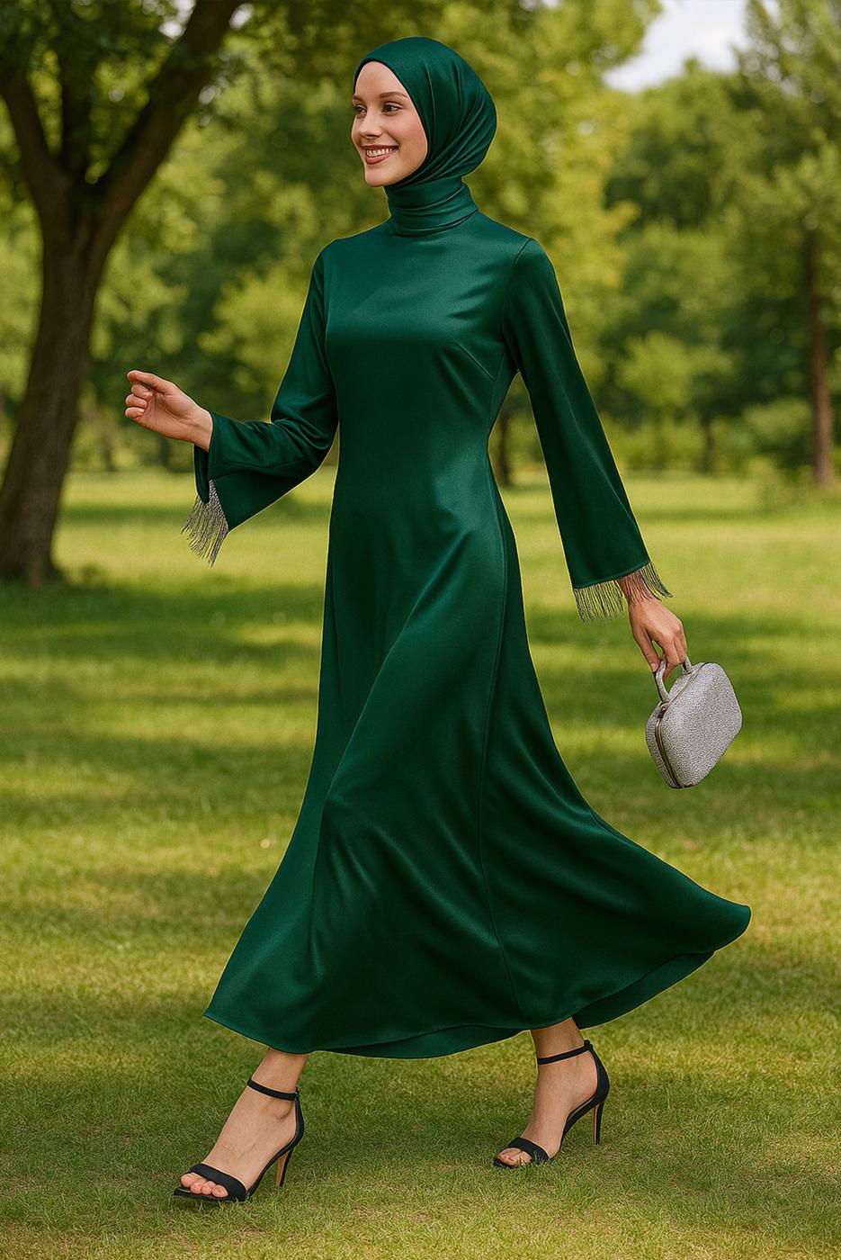 Tesettür giyim YEŞİL SATEN ABİYE ELBİSE T 5744