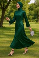 Tesettür giyim YEŞİL SATEN ABİYE ELBİSE T 5744