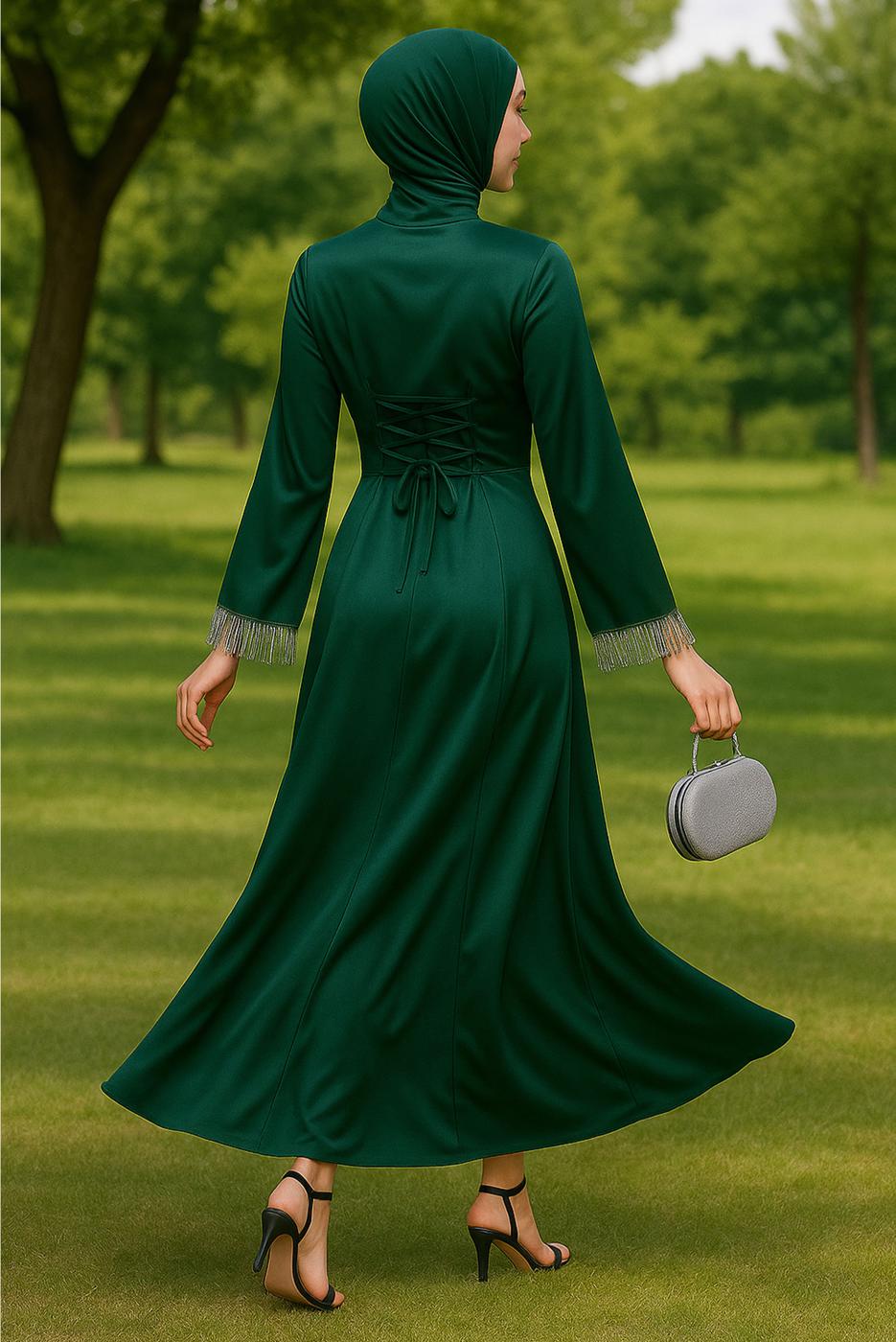 Tesettür giyim YEŞİL SATEN ABİYE ELBİSE T 5744